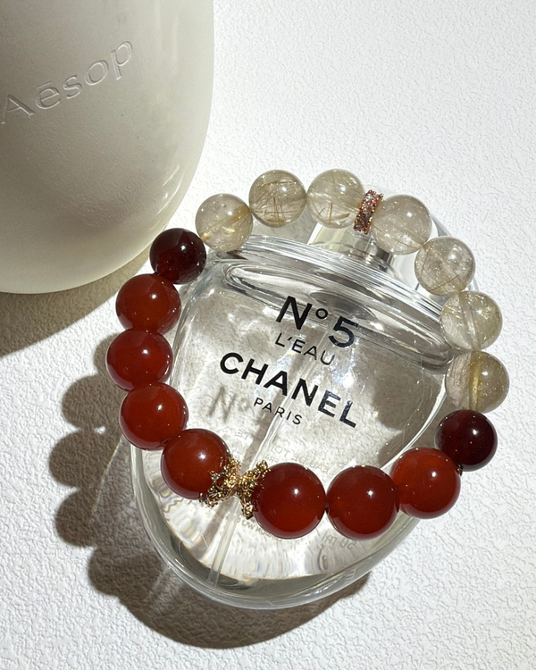 Garnet Red Golden Rutilated Quartz Velvet Bracelet - 圣诞小金库手链