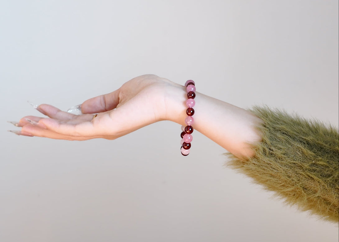 Model wearing Sakura Garnet Rose Quartz love bracelet IvyBleu handmade jewelry