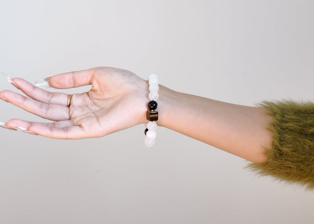 Career Moonlight bracelet with Tiger’s Eye, Black Onyx, and White Phantom Quartz for career focus and confidence